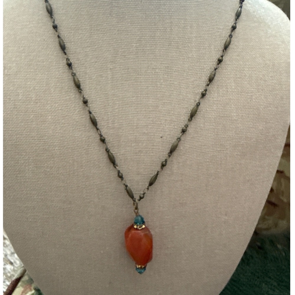 Liz Palacios Orange Stone 8 1/2" Crystal Antique Brass Boho Pendant Necklace